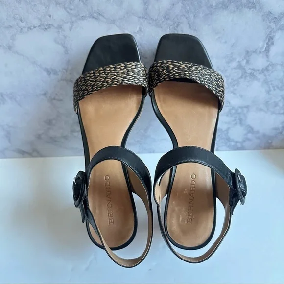 Bernardo Raffia Adjustable Platform Sandals Reagan Raffia black tan strapy heels - Picture 7 of 13